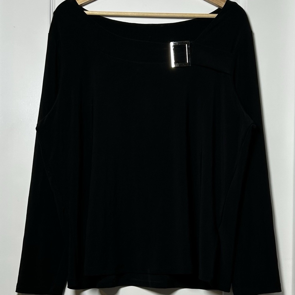 Worthington Woman Vintage 90s Black Bateau Neck‎ Silver Buckle Long Sleeve Top